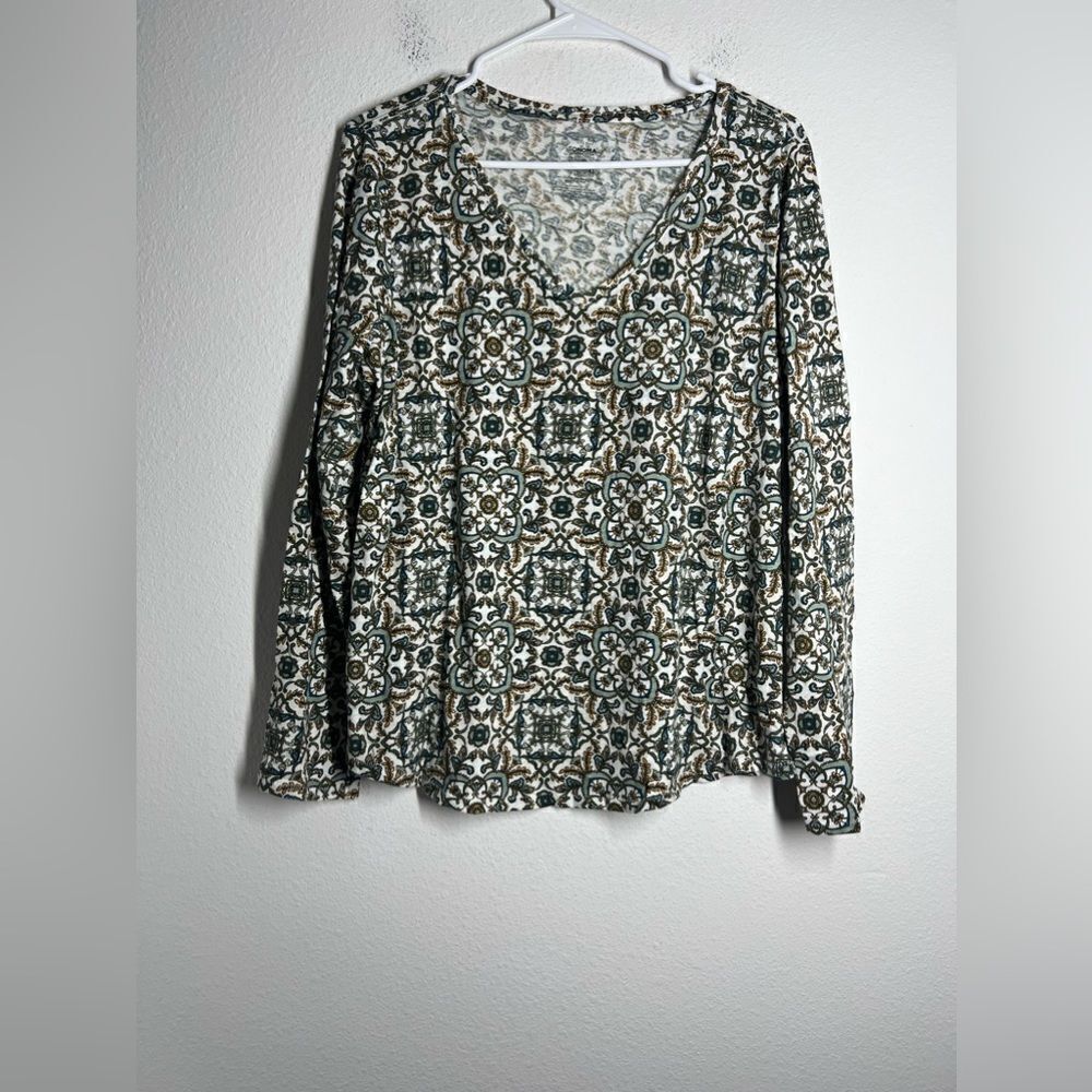 Sonoma Blouse Women’s Size XL Green White Floral Long Sleeve V-neck Top EUC